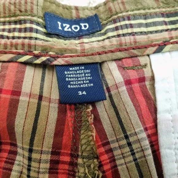 Izod Cargo Shorts 34 Men's Madras Plaid Tan Red 6 Pockets Flat Front 11" Inseam - Picture 4 of 4